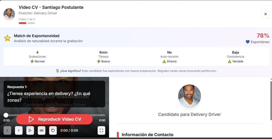 Vista de la plataforma Tu videoCV mostrando perfil de candidato Santiago con match de espontaneidad del 78%